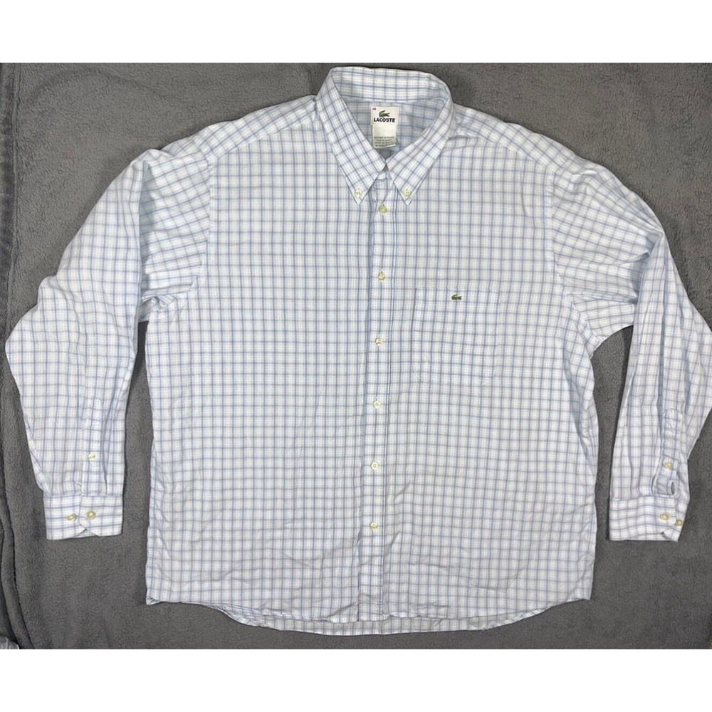 Lacoste Button Down Long Sleeve Shirt Adult 46 Men’s XL Blue White Plaid Cotton